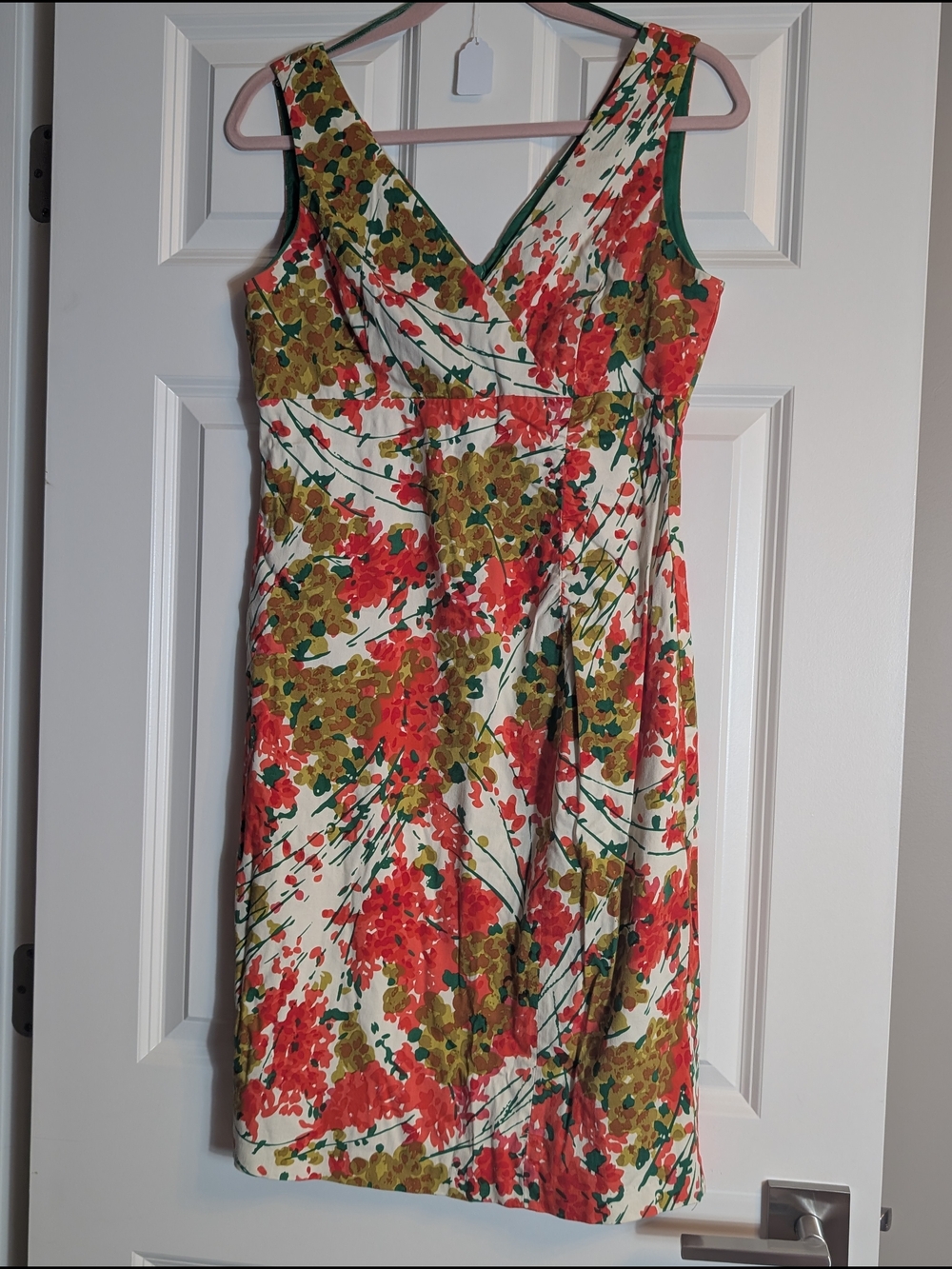 Floral V-Neck Sleeveless Dress - Green, Red Orange & Cream Sz 8 - Picture 2 of 4